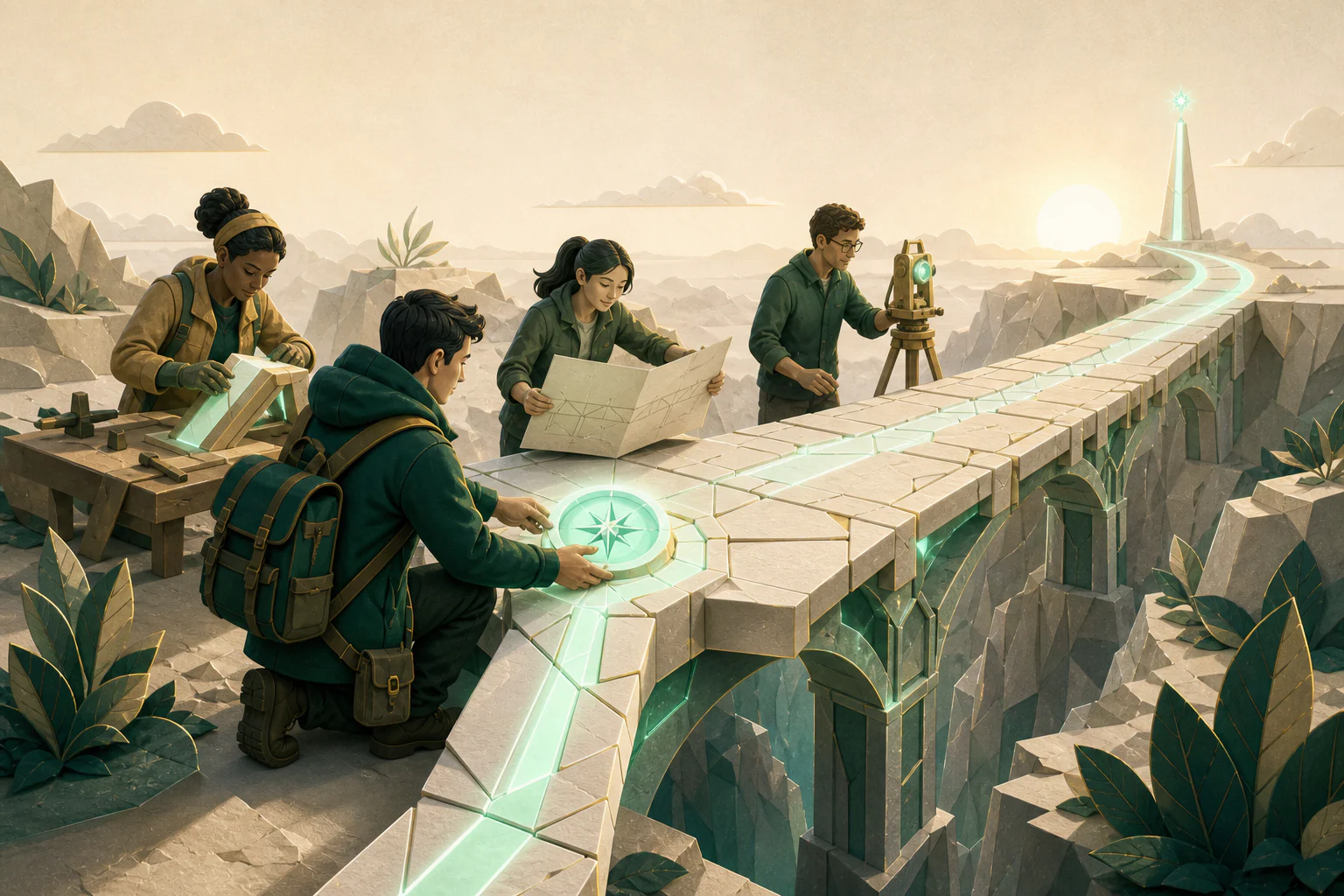 A team building a luminous bridge together
