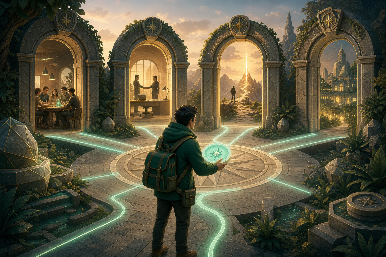 A builder facing four open paths toward work, collaborators, rewards, and a venture